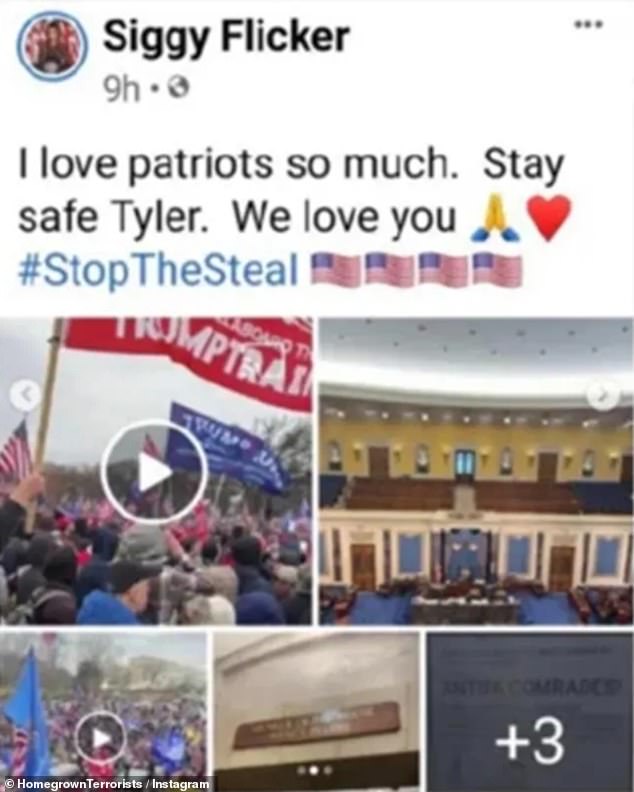 Согласно показаниям ФБР, Кампанеллу видели на фотографиях в социальных сетях, 56-летняя Фликер разместила их на своих страницах в социальных сетях, включая фотографию, которую она подписала хэштегом #StopTheSteal.