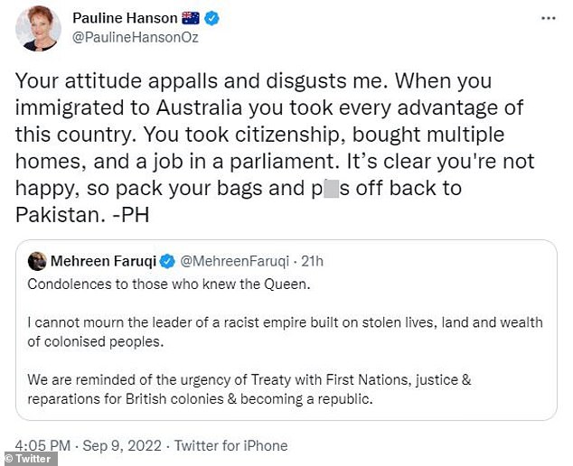 Хэнсон написал: «Вы получили гражданство, купили несколько домов и работу в парламенте.  Понятно, что ты недоволен, так что собирай чемоданы и отправляйся обратно в Пакистан».