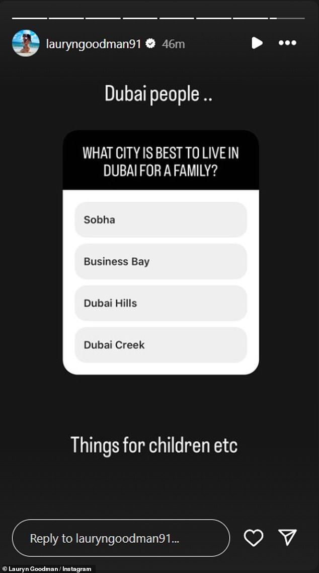 Лорин также опубликовала в своих историях в Instagram опрос, в котором просила подписчиков порекомендовать, чем заняться с детьми в Дубае.