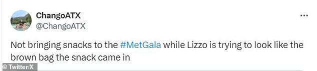Один человек пошутил: «Не приносить закуски на #MetGala, пока Лиззо пытается выглядеть как коричневый пакет, в котором была закуска».
