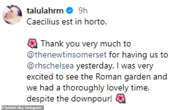 Делясь в своем Instagram снимками веселого дня, Талула написала: «Цецилий est in horto.  Большое спасибо @thenewtinsomerset за то, что пригласили нас вчера на @rhschelsea'