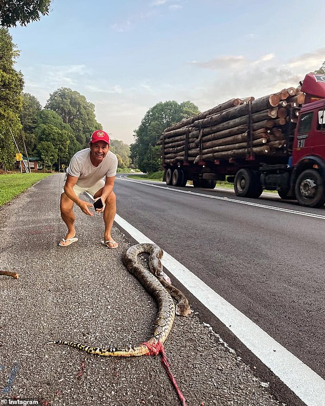 Метеоролог сегодняшнего шоу Стив Джейкобс разделяет мнения, позируя с гигантской змеей в Малайзии: «Это бедное животное»