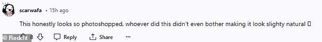 Другие пользователи бросились в комментарии, чтобы выразить свое согласие с тем, что фотография была сильно отредактирована, и раскритиковали ее как «плохую работу в фотошопе».