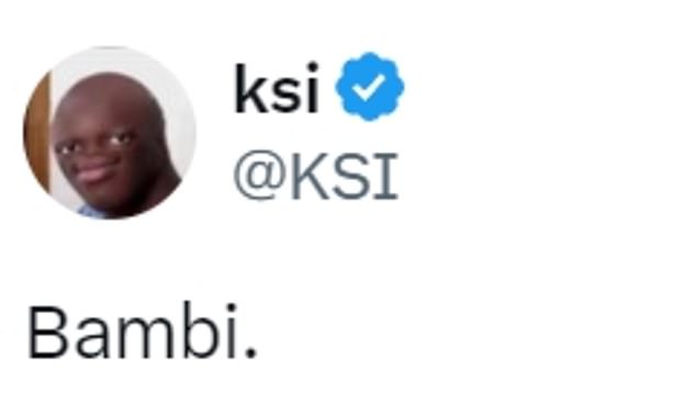 KSI поддержала Miniminter и доказала Фьюри простым твитом, написав «Бэмби» на X.