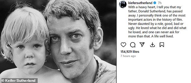 Кейфер Сазерленд описал своего отца как человека, который «любил то, что он делал, и делал то, что любил», в своем посте в Instagram.