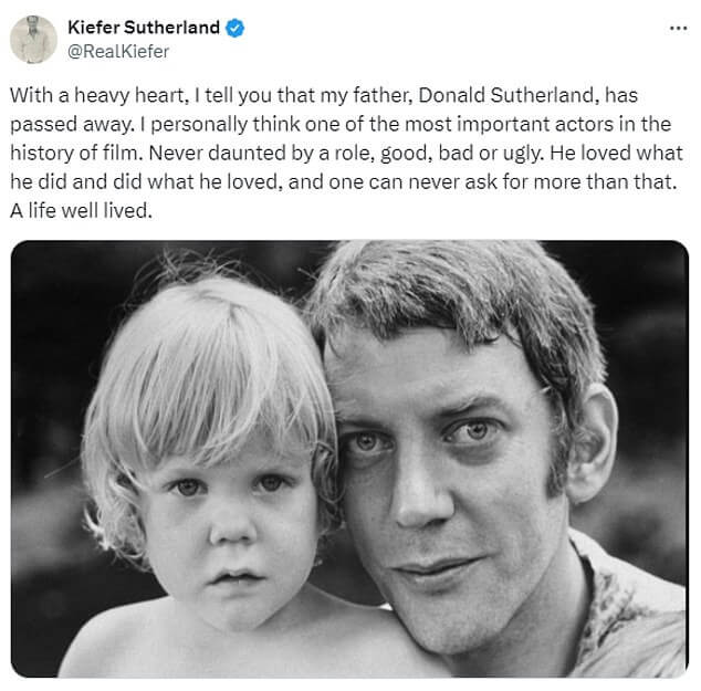 Кифер Сазерленд написал трогательную дань памяти отцу Дональду после его смерти в возрасте 88 лет: «Он любил то, что делал»