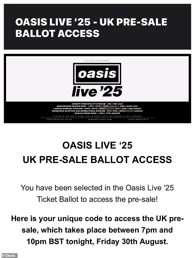 Это письмо фанаты Oasis получили сегодня, если им удалось получить код предварительной продажи