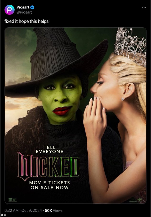 Пользователь X @Picsart отфотошопил свою собственную версию постера Wicked с подписью: «Исправлено, надеюсь, это поможет!»