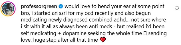 Профессор Грин сказал: «Мне бы хотелось в какой-то момент согнуть твое ухо, братан, я недавно начал принимать СИОЗС для своего ОКР, а также начал лечить недавно диагностированный комбинированный СДВГ».