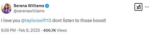 Тем временем суперзвезда тенниса Серена Уильямс вышла в социальные сети, чтобы сказать Свифт, чтобы она не слушала реакцию, направленную на нее