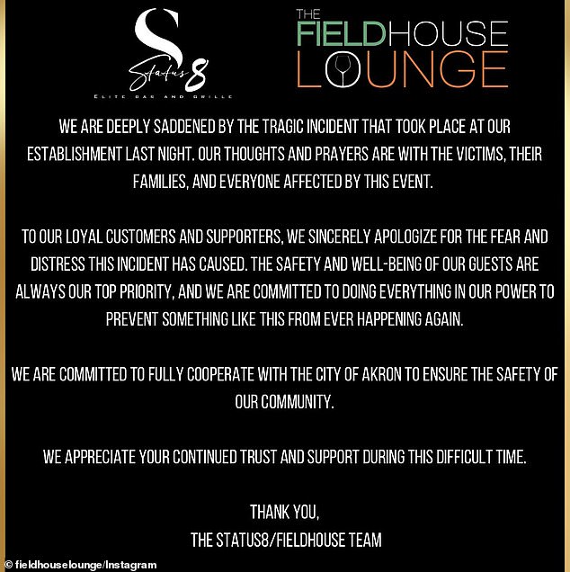 После стрельбы лаунж FieldHouse выпустил заявление в Instagram, в котором говорилось: 